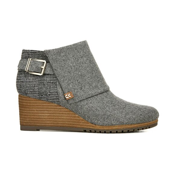 Dr. Scholl's Create Gray Wool Wedge Ankle Booties Wood Heel Buckle Round Toe 8 - Picture 1 of 15